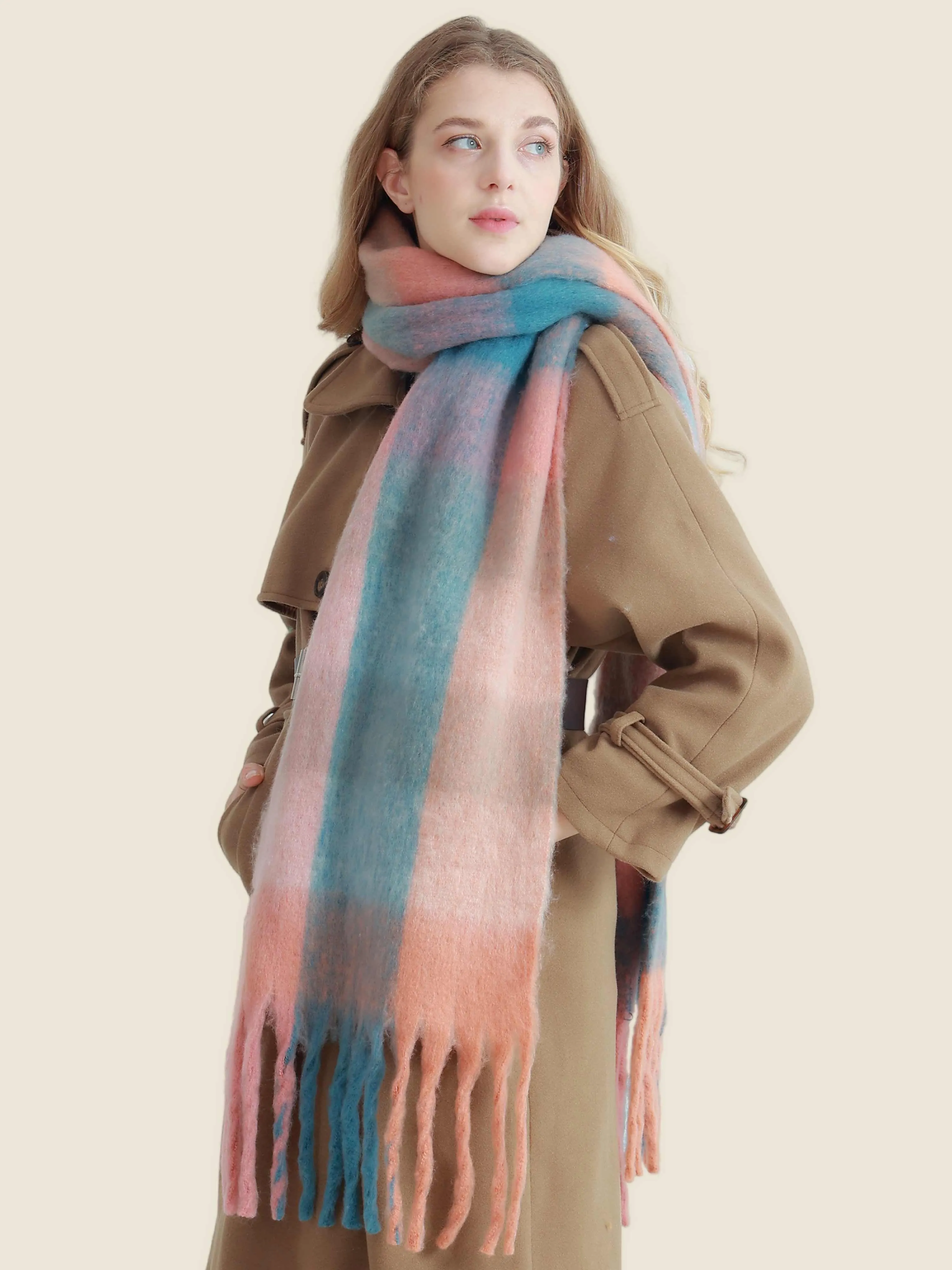 27 Colors-JC023301 Plaid Long Fringe Cozy Fuzzy Scarf