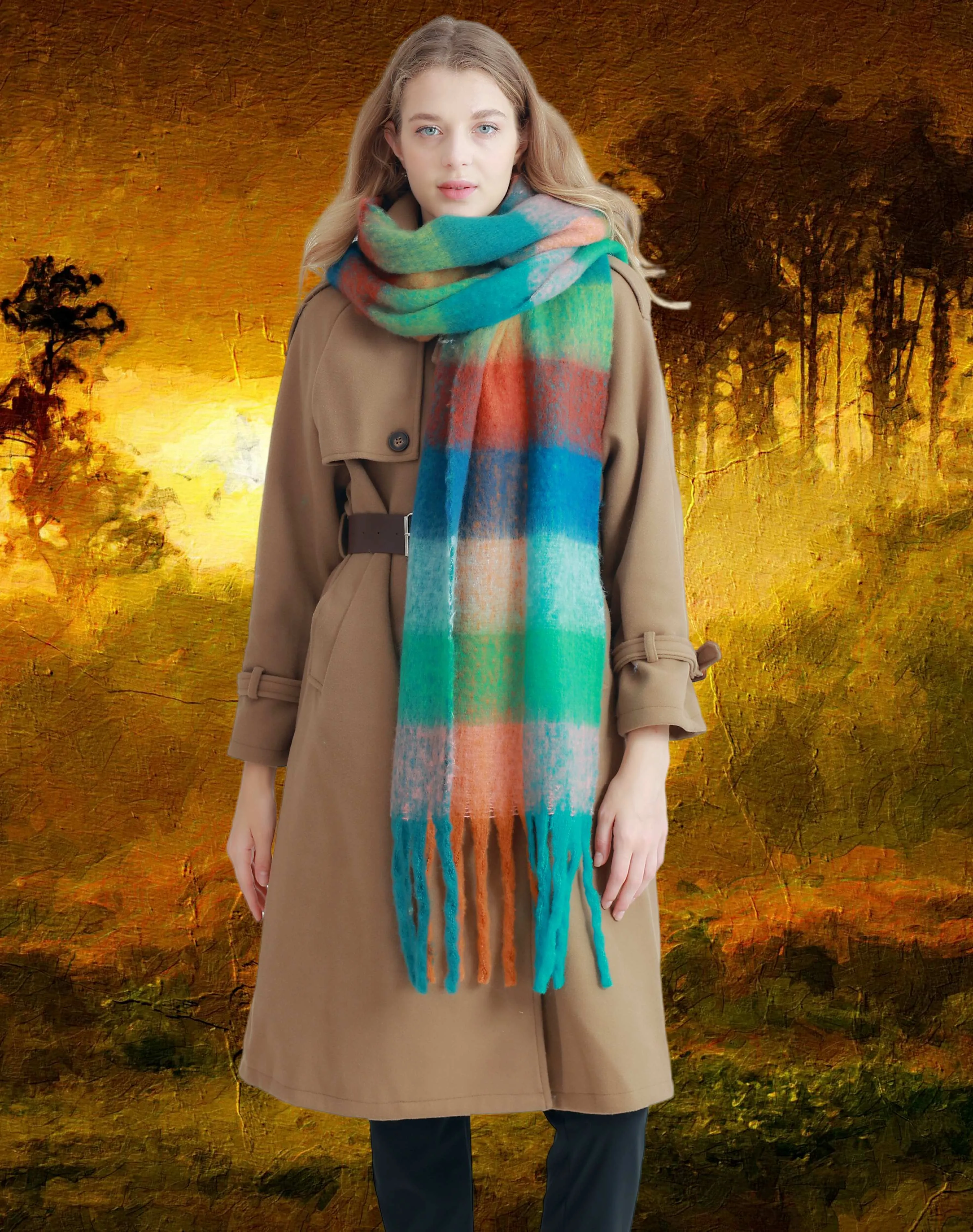 27 Colors-JC023301 Plaid Long Fringe Cozy Fuzzy Scarf