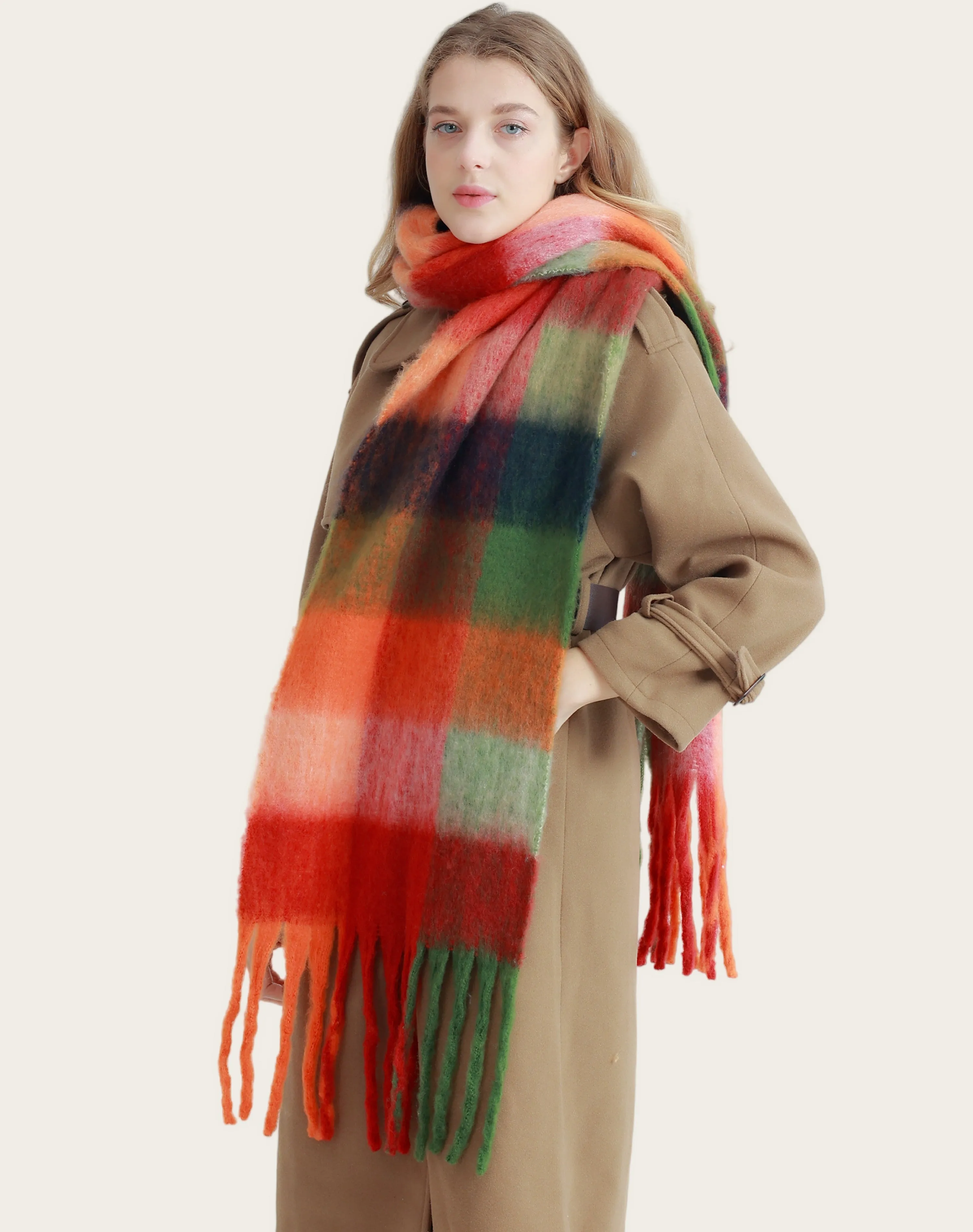 27 Colors-JC023301 Plaid Long Fringe Cozy Fuzzy Scarf