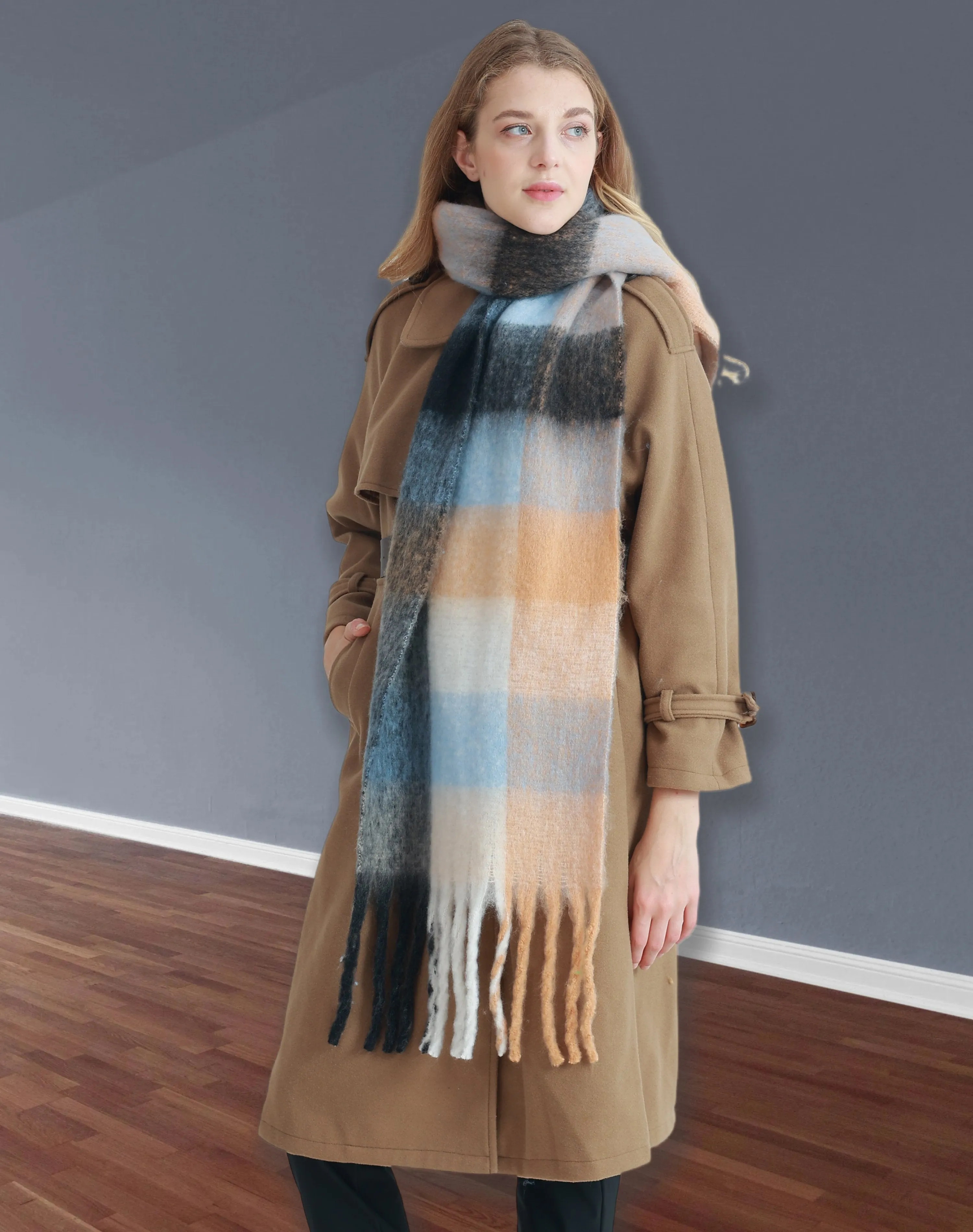 27 Colors-JC023301 Plaid Long Fringe Cozy Fuzzy Scarf