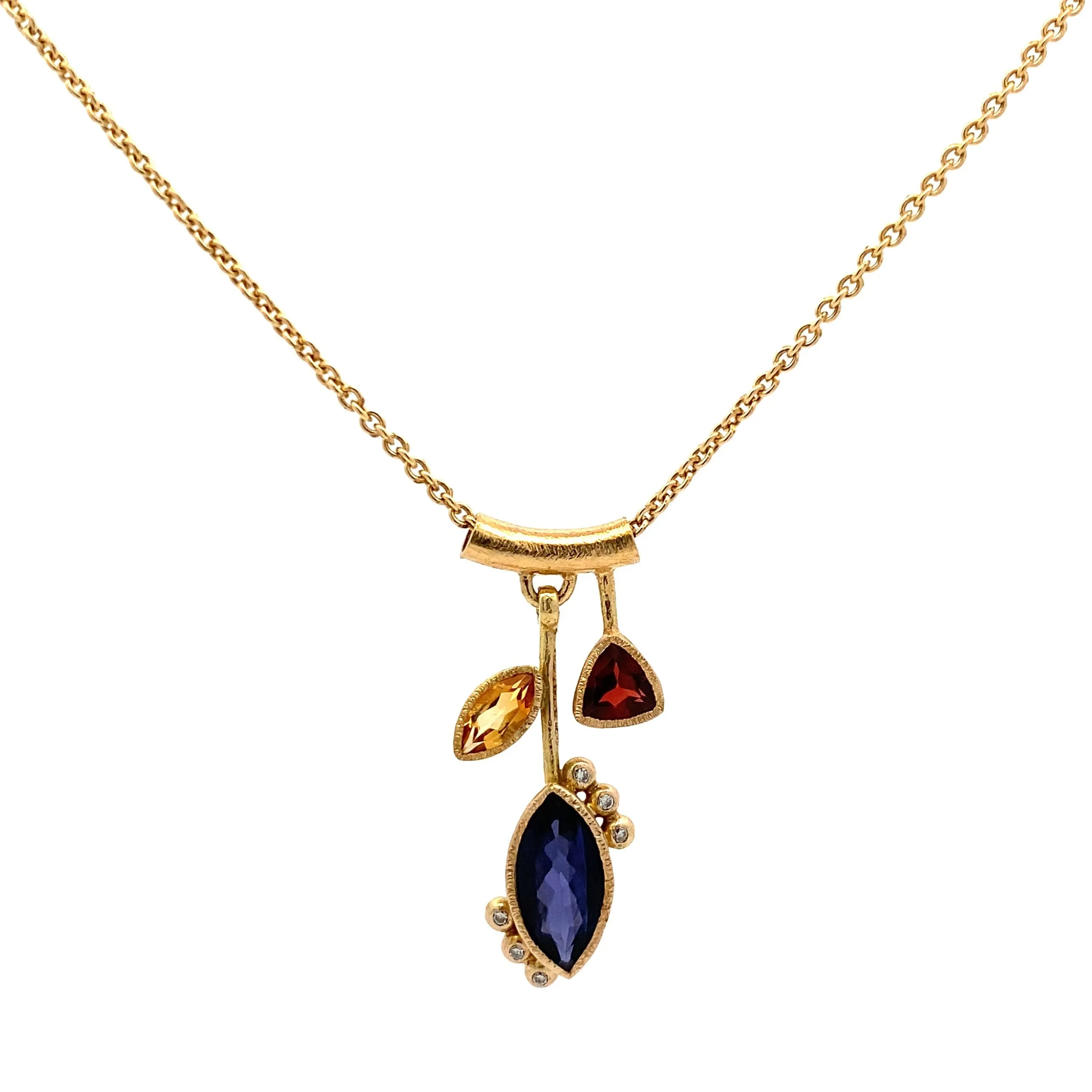 3 Stone Petal Pendant Iolite - 14k Gold with White Diamond