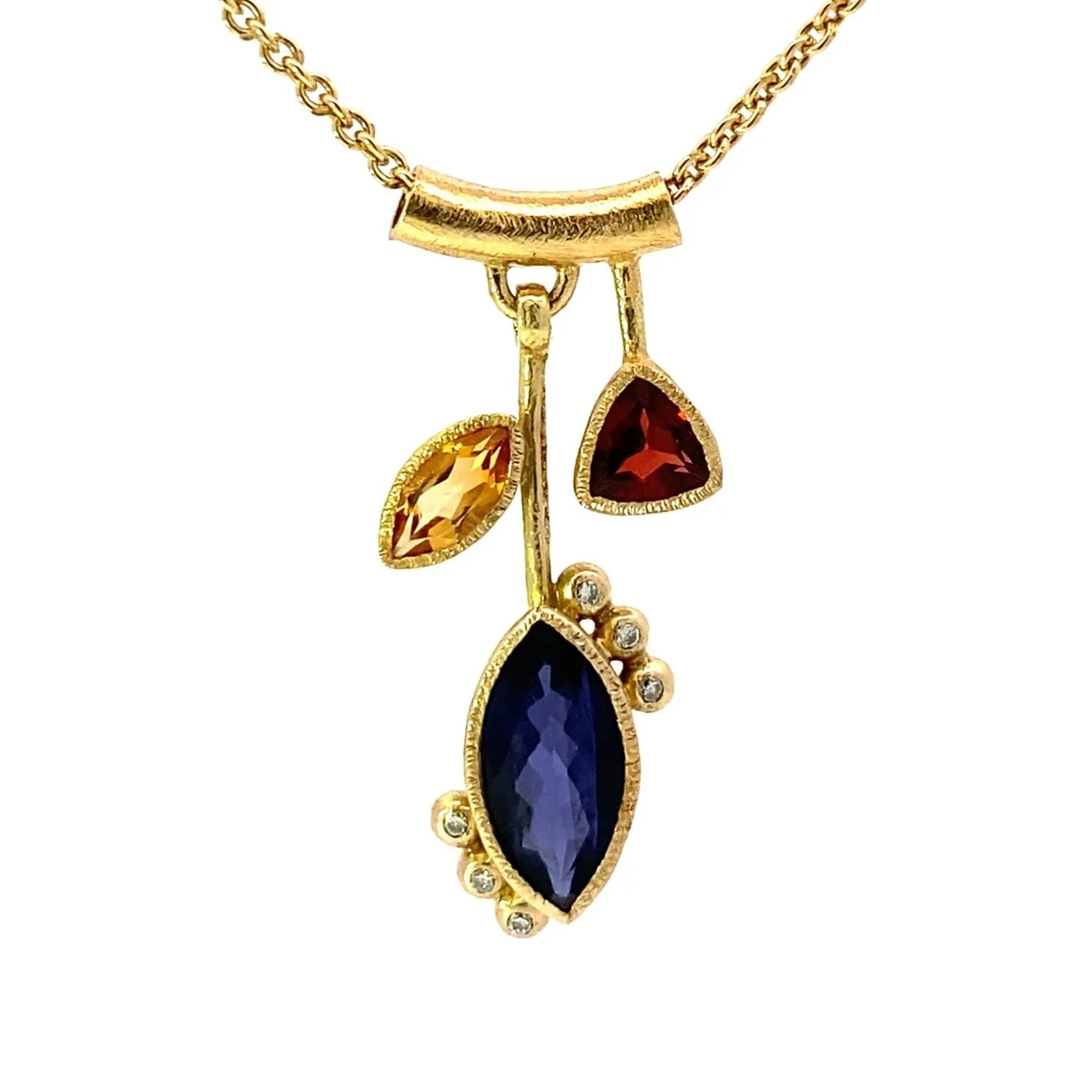 3 Stone Petal Pendant Iolite - 14k Gold with White Diamond