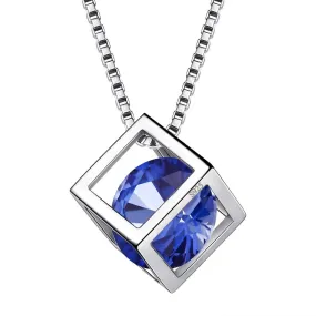 3D Cube Birthstone September Sapphire Necklace Pendant Women Girls Jewelry Birthday Gift Sterling Silver