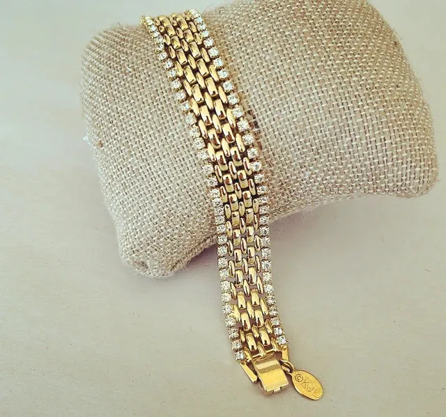 80s signed KJL gold link bracelet with rhinestones.