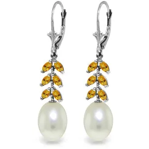 9.2 Carat 14K Solid White Gold Lead Forth Citrine Pearl Earrings