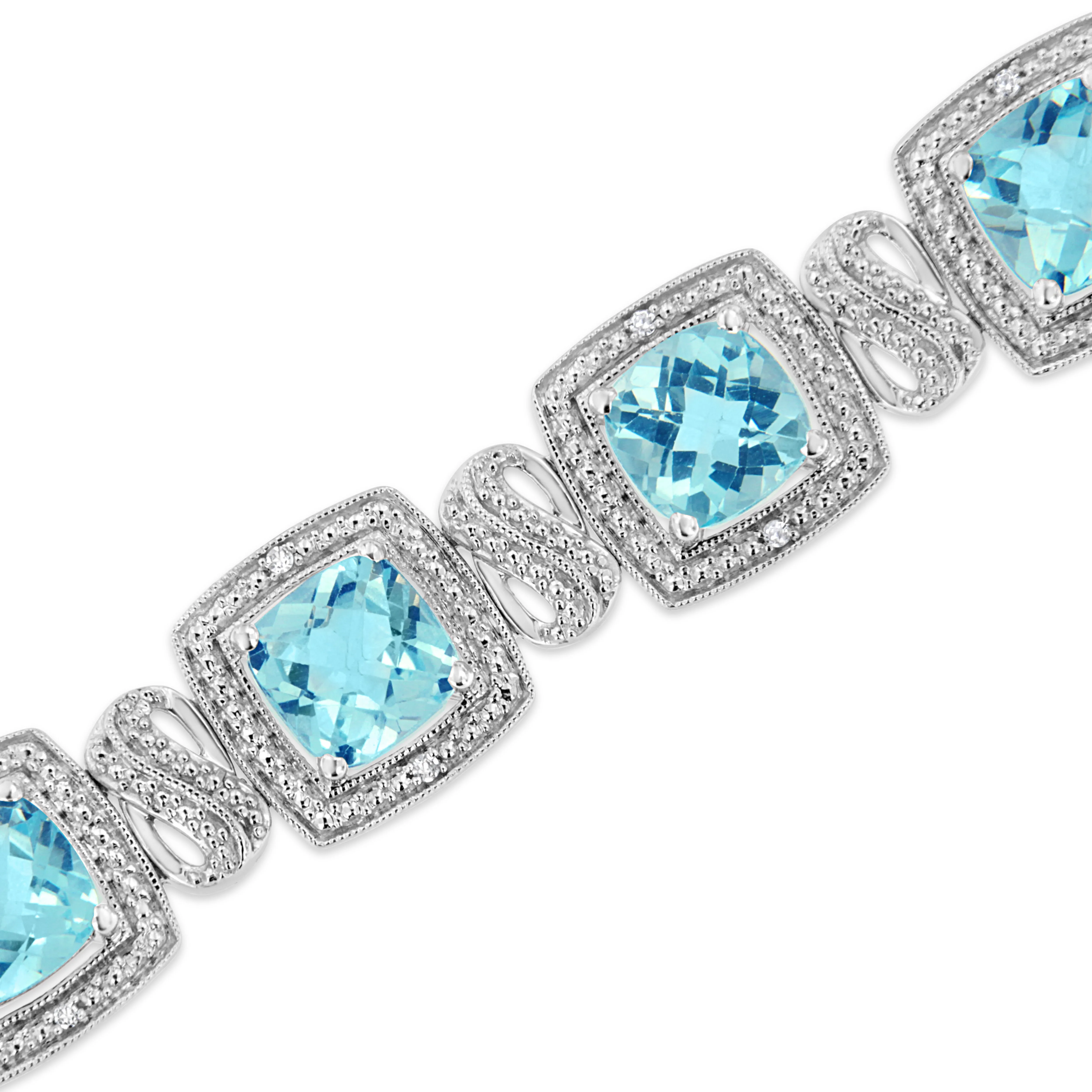 .925 Sterling Silver 7x7 mm Cushion Cut Blue Topaz and 1/10 Ctw Single Cut Diamond Square Shape Tennis Bracelet