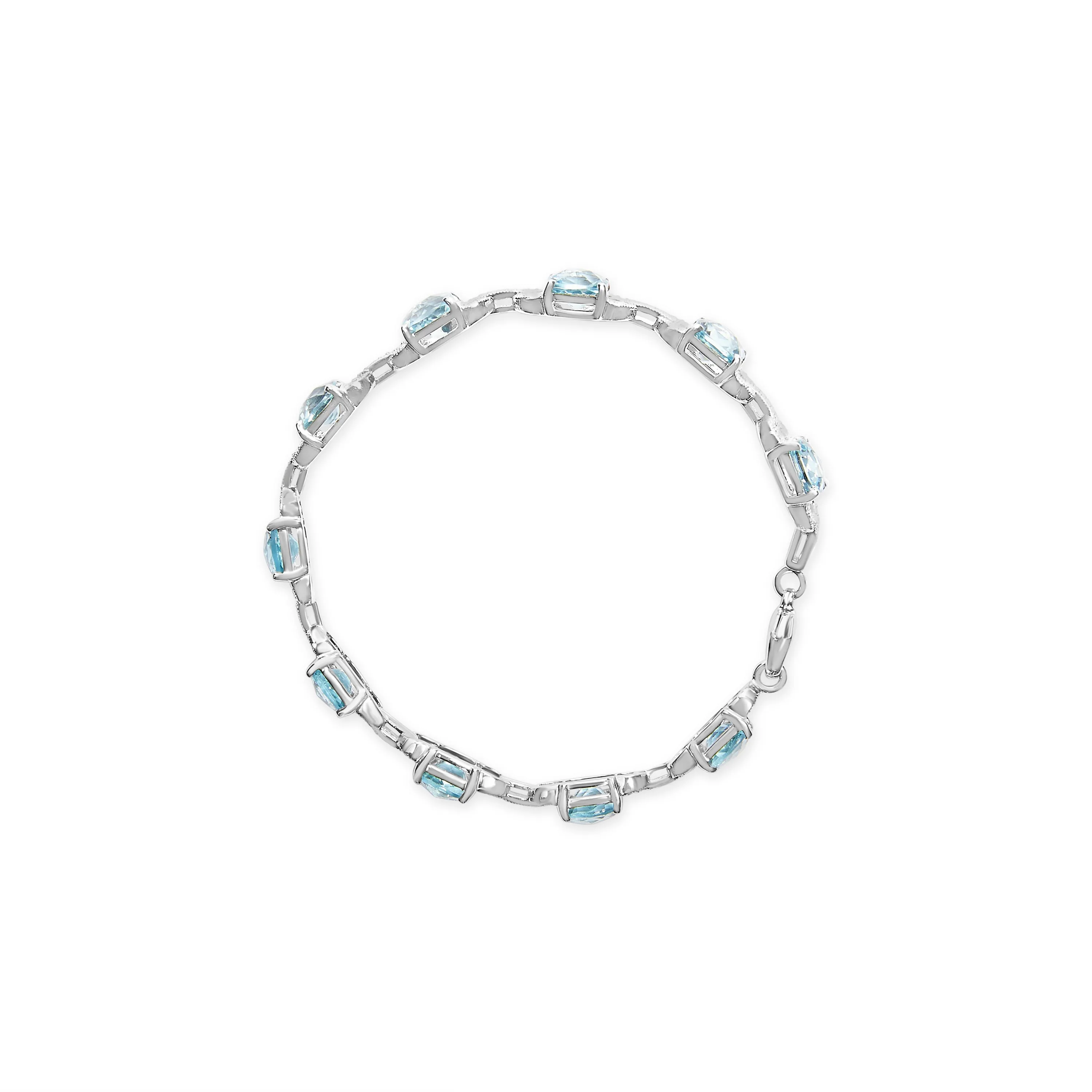 .925 Sterling Silver 7x7 mm Cushion Cut Blue Topaz and 1/20 cttw Round Cut Diamond Fashion Tennis Bracelet