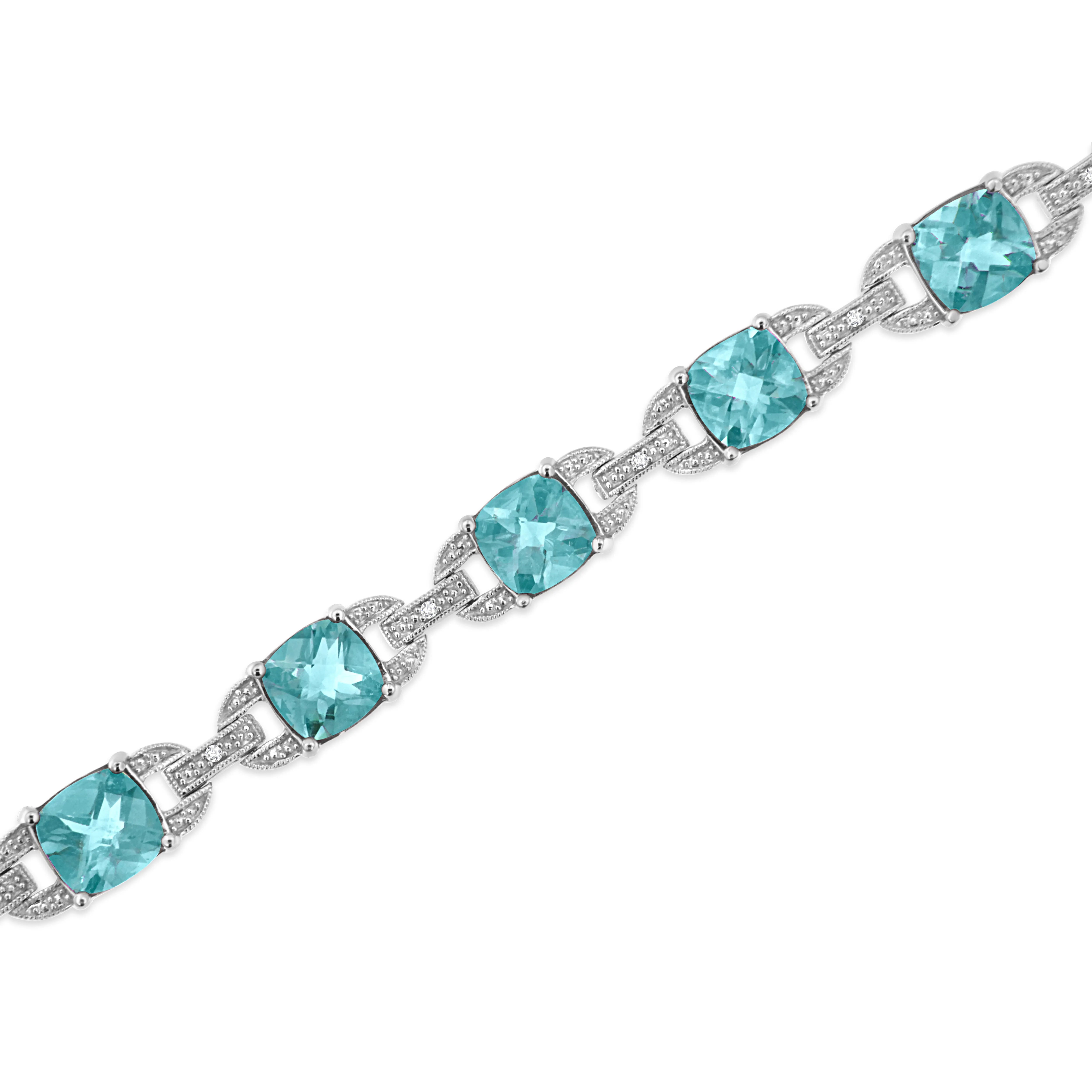 .925 Sterling Silver 7x7 mm Cushion Cut Blue Topaz and 1/20 cttw Round Cut Diamond Fashion Tennis Bracelet