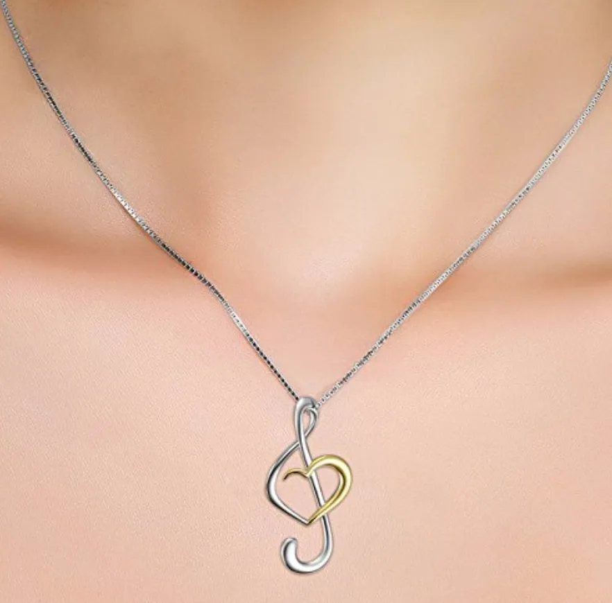 925 Sterling Silver Heart of Treble Clef Music Note Necklace Musical Note Pendant Chain Singer Jewelry Gift 20in.