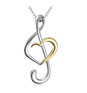 925 Sterling Silver Heart of Treble Clef Music Note Necklace Musical Note Pendant Chain Singer Jewelry Gift 20in.