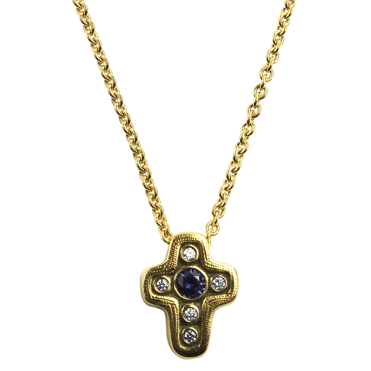 Alex Sepkus 18k Yellow Gold Blue Sapphire and Diamond Cross Necklace