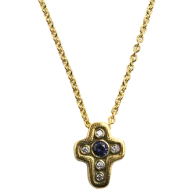 Alex Sepkus 18k Yellow Gold Blue Sapphire and Diamond Cross Necklace