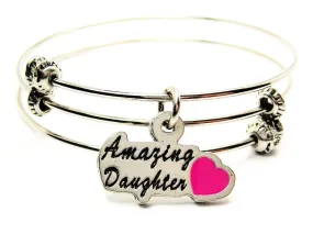 Amazing Daughter With Hand Painted Hot Pink Heart Triple Style Expandable Bangle Bracelet