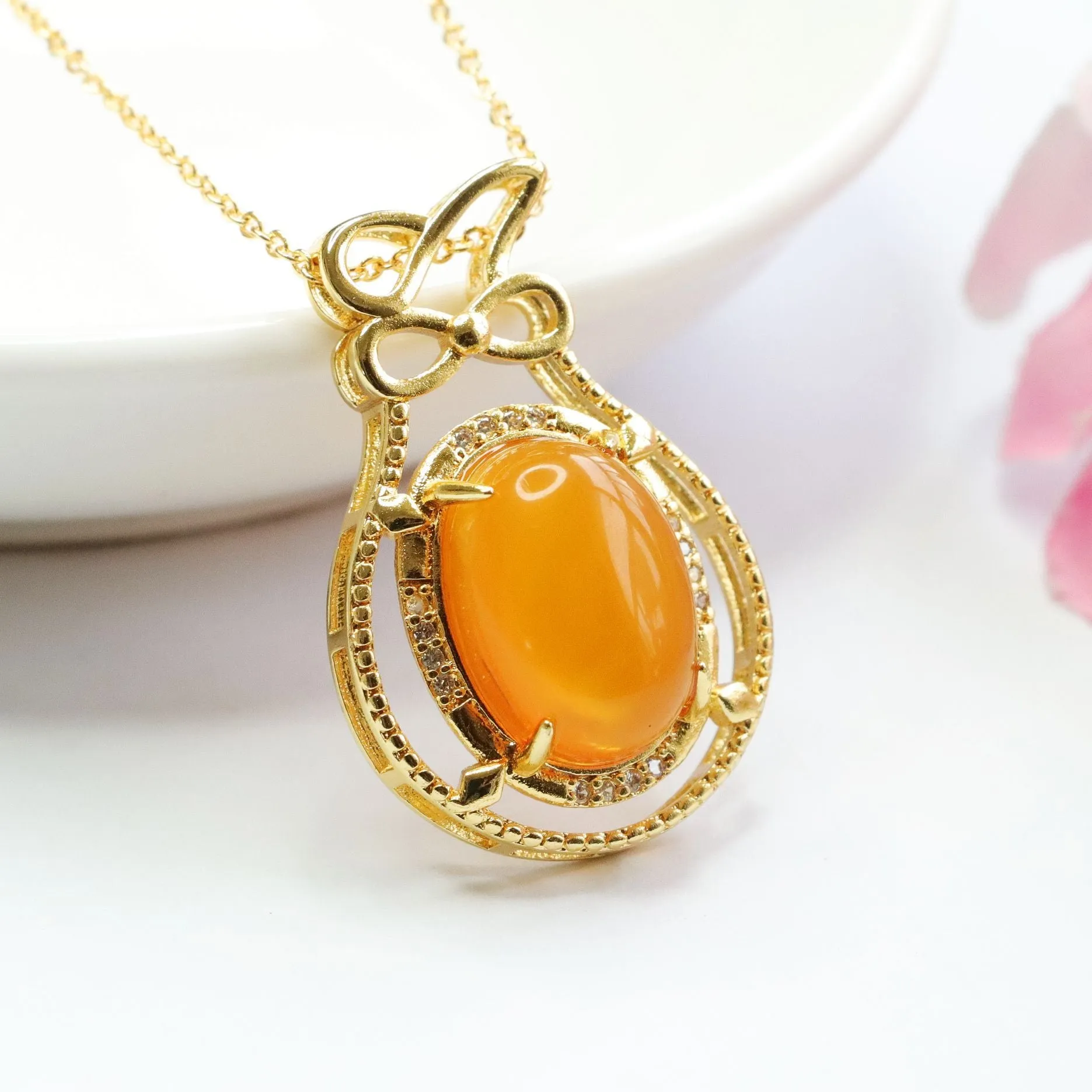 Amber Honey Wax Bowtie Necklace with Sterling Silver Chain