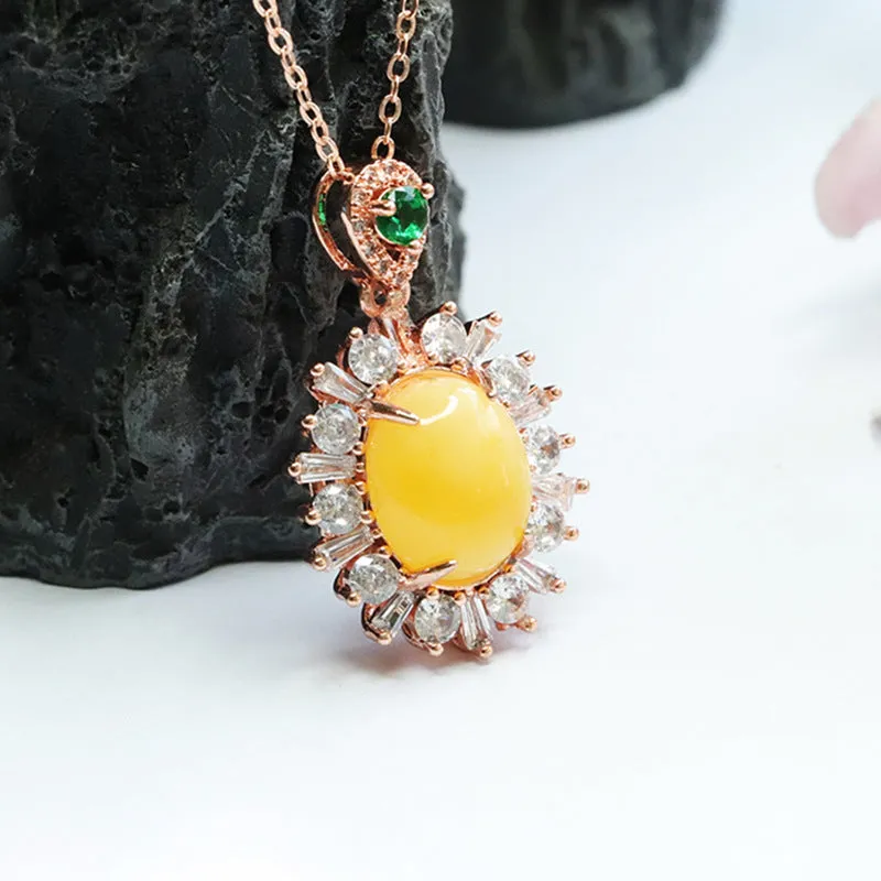 Amber Necklace with Zircon Gemstone Halo and Beeswax Pendant