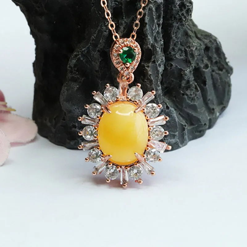 Amber Necklace with Zircon Gemstone Halo and Beeswax Pendant