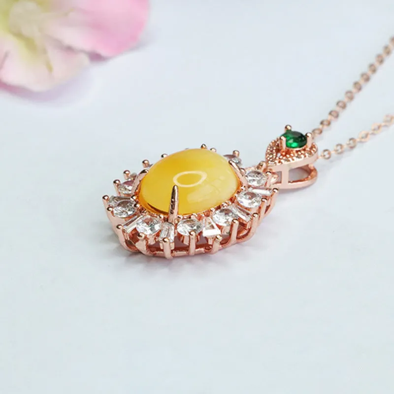 Amber Necklace with Zircon Gemstone Halo and Beeswax Pendant