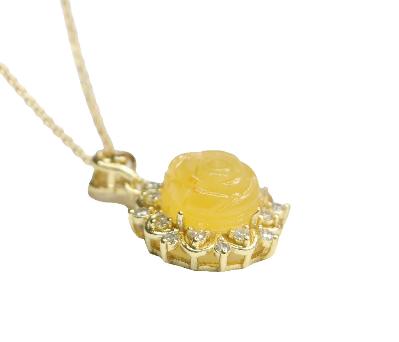 Amber Rose Necklace with Amber Beeswax Pendant and Zircon Flower Jewelry