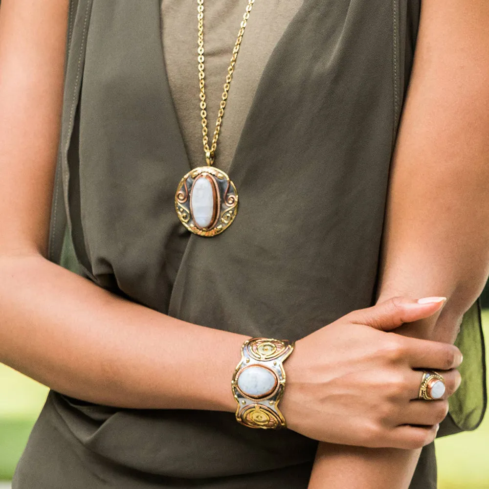 Anju Mixed Metal and Rainbow Moonstone Stone Cuff Bracelet