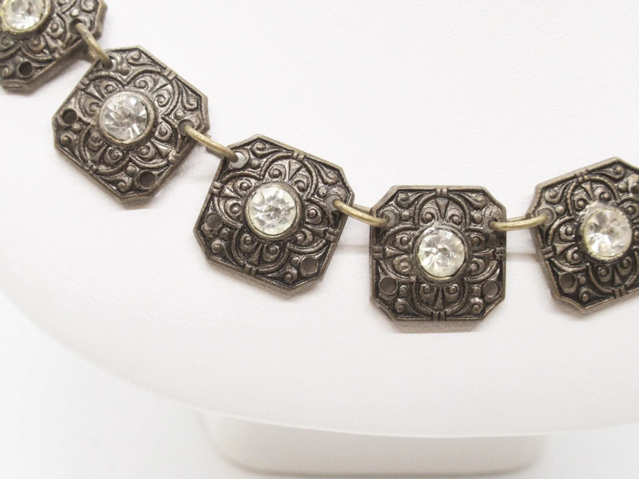 Antique Necklace Choker with Intricate Squares and Crystal Insets