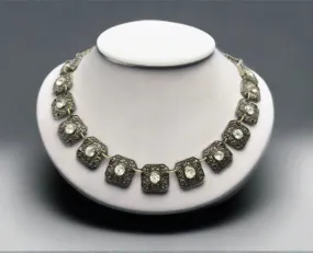 Antique Necklace Choker with Intricate Squares and Crystal Insets