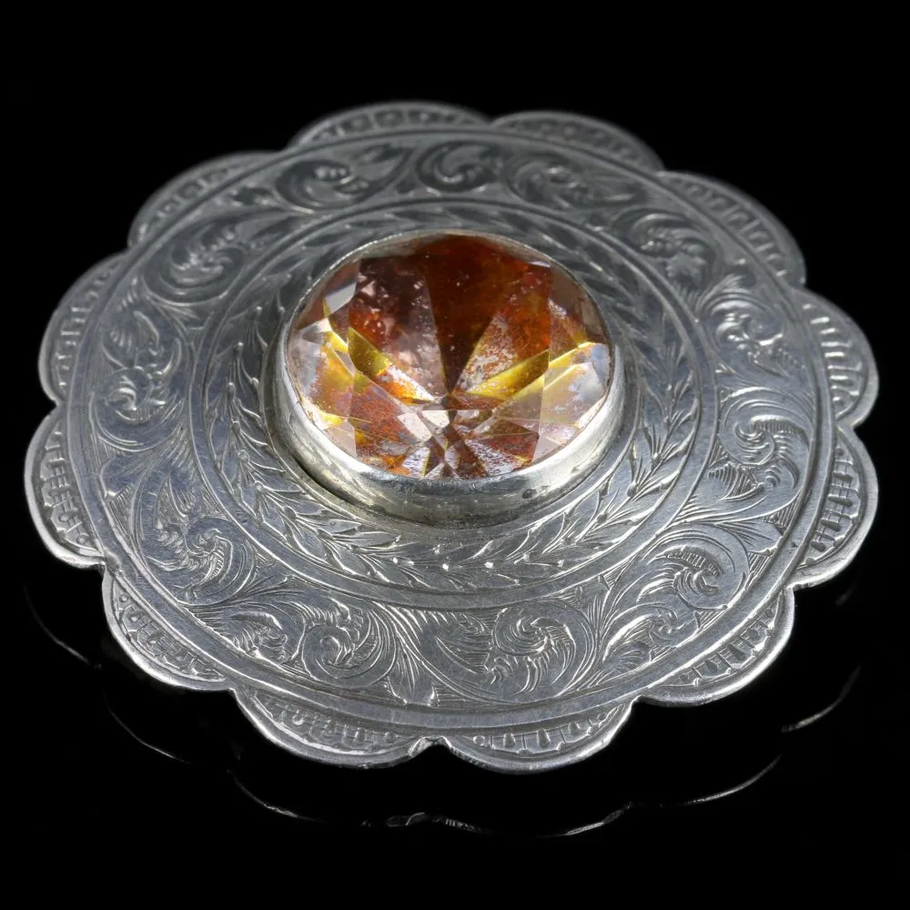 Antique Scottish Silver Round Thistle Citrine Brooch Circa 1860