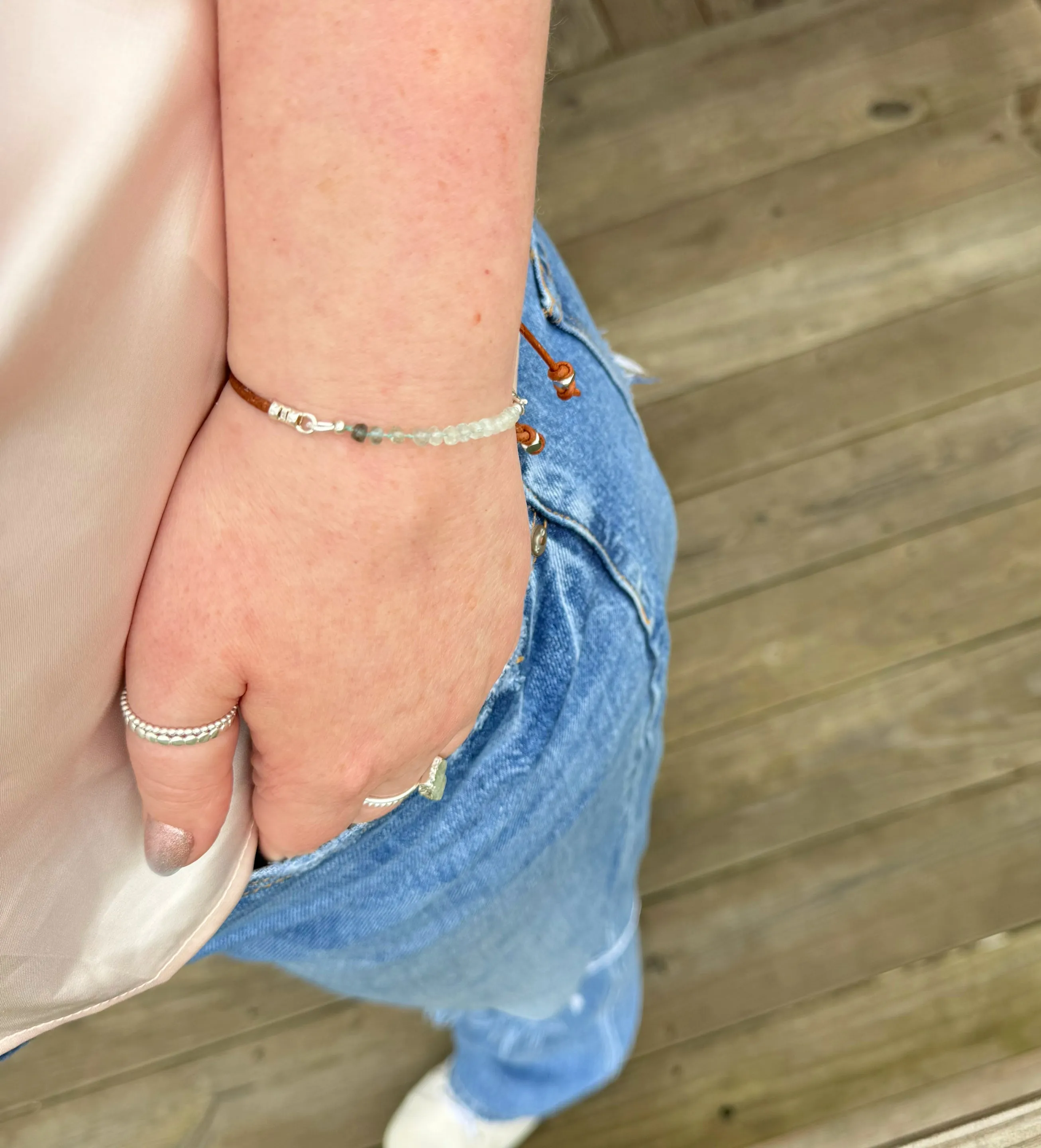 Aquamarine and slide adjustable chain or leather stack bracelet