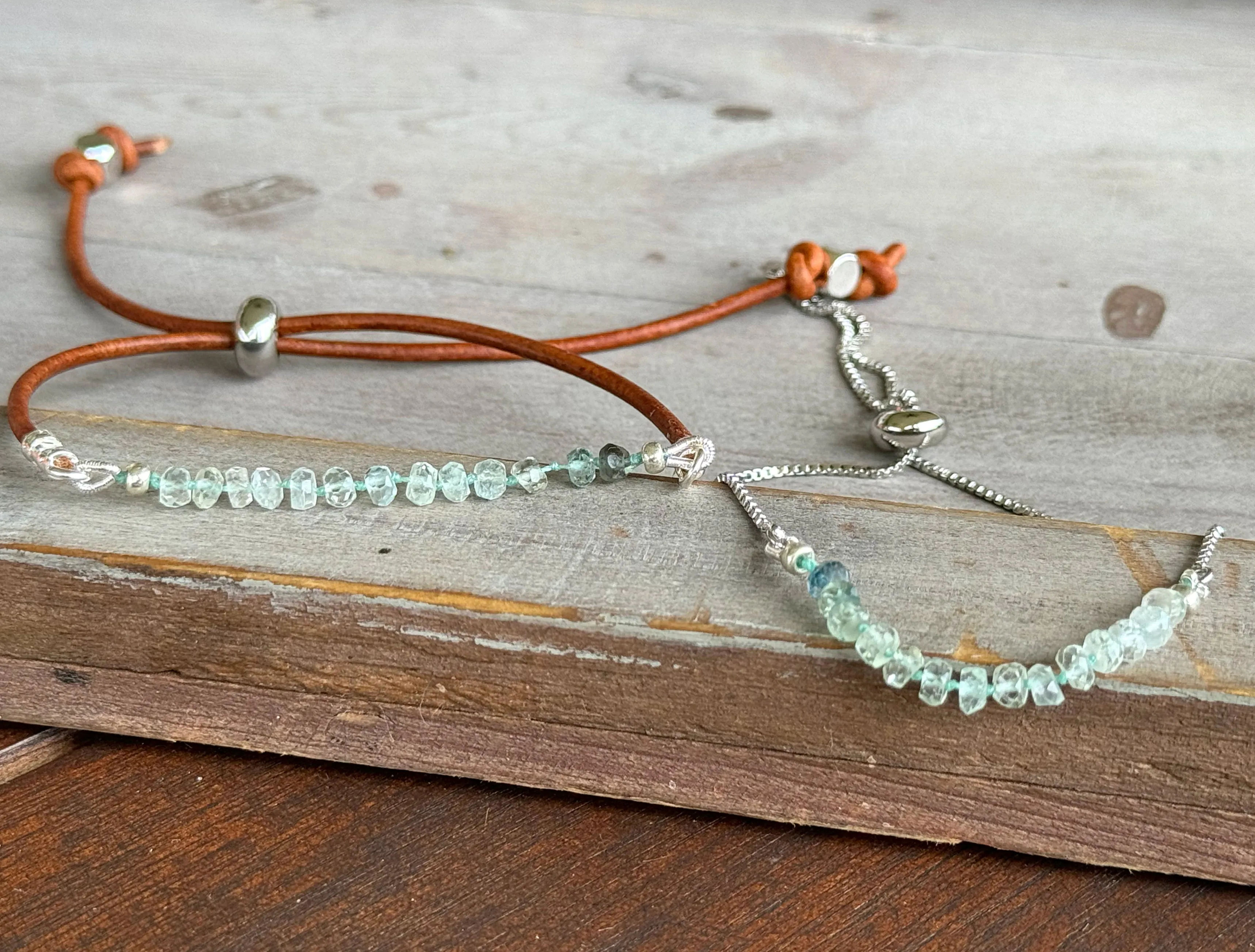 Aquamarine and slide adjustable chain or leather stack bracelet