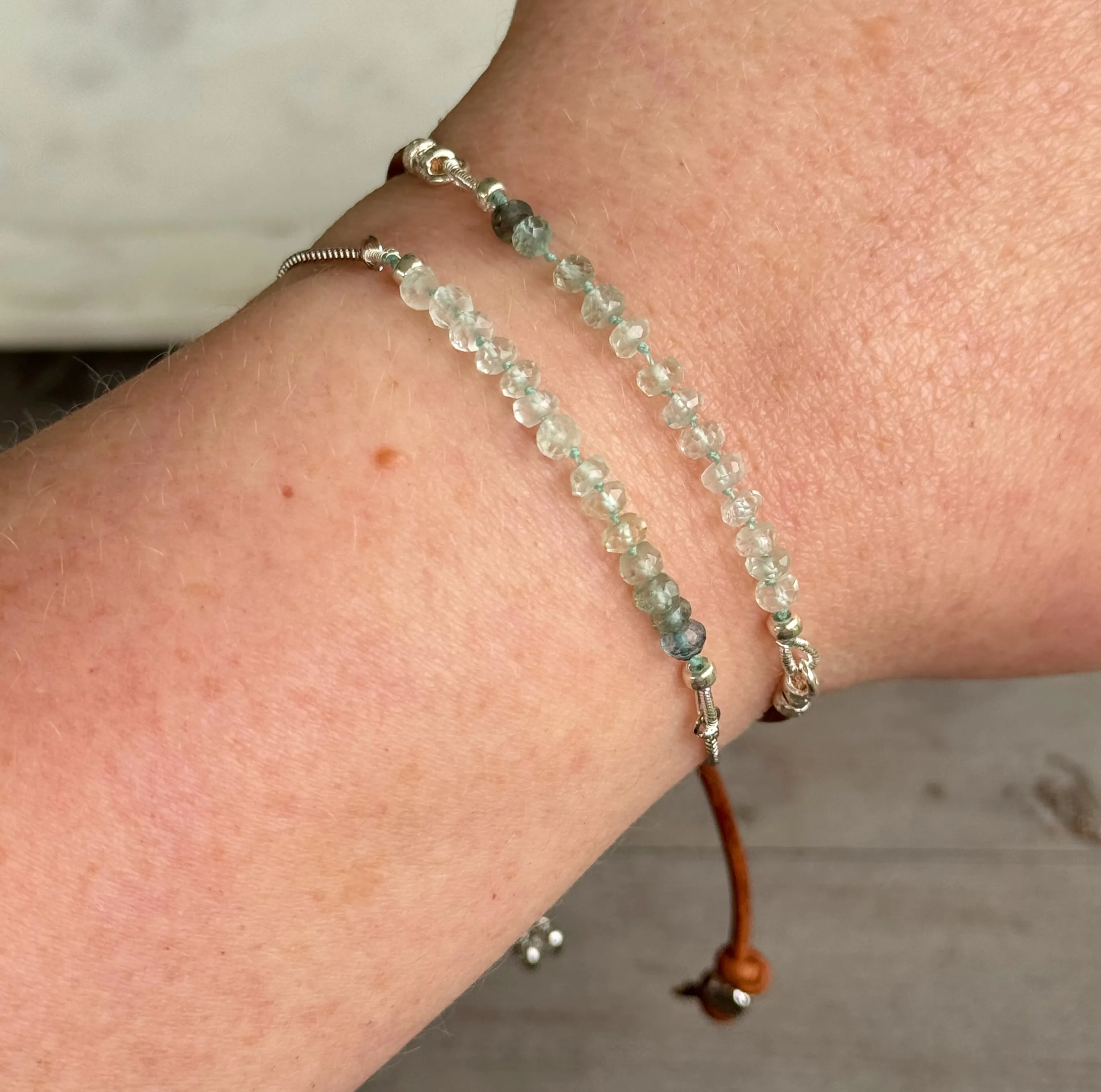 Aquamarine and slide adjustable chain or leather stack bracelet