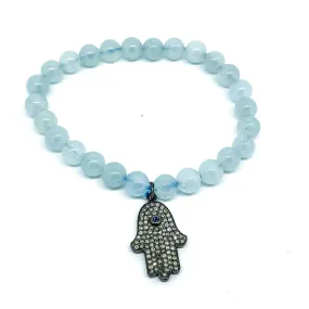 Aquamarine bead bracelet with diamond and sapphire hand of God