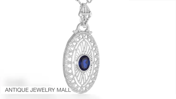 Art Deco Filigree Oval Blue Sapphire Pendant Necklace in Sterling Silver