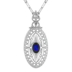 Art Deco Filigree Oval Blue Sapphire Pendant Necklace in Sterling Silver