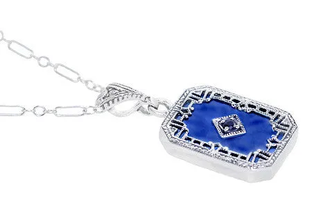 Art Deco Filigree Royal Blue Sun Ray Crystal Pendant Necklace with Sapphire and Diamond in Sterling Silver