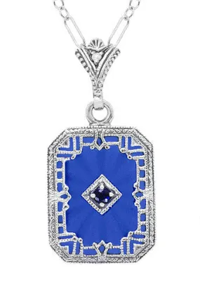 Art Deco Filigree Royal Blue Sun Ray Crystal Pendant Necklace with Sapphire and Diamond in Sterling Silver