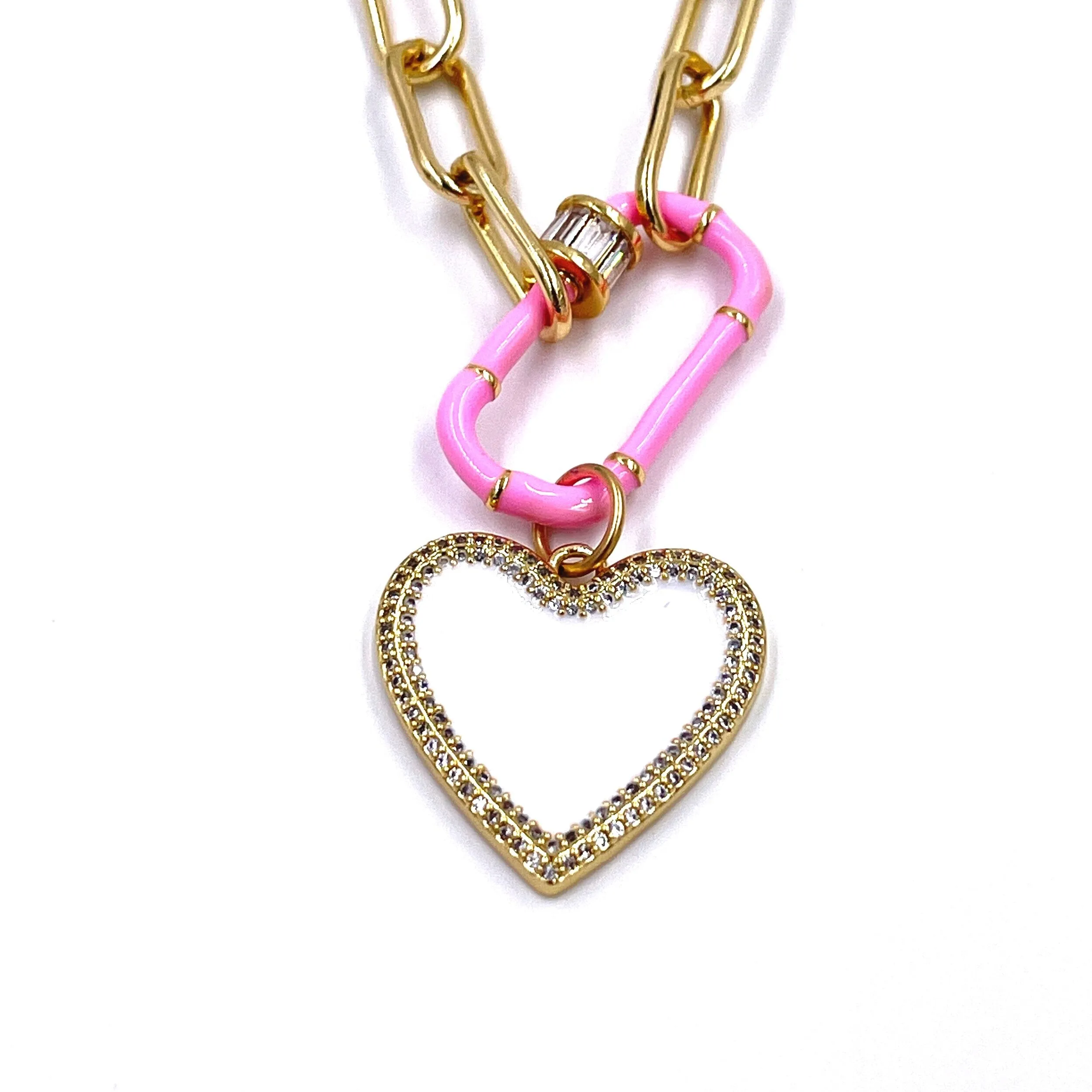 Ashley Gold Stainless Steel Gold Plated Open Link Necklace With Pink Enamel Lock And White Heart