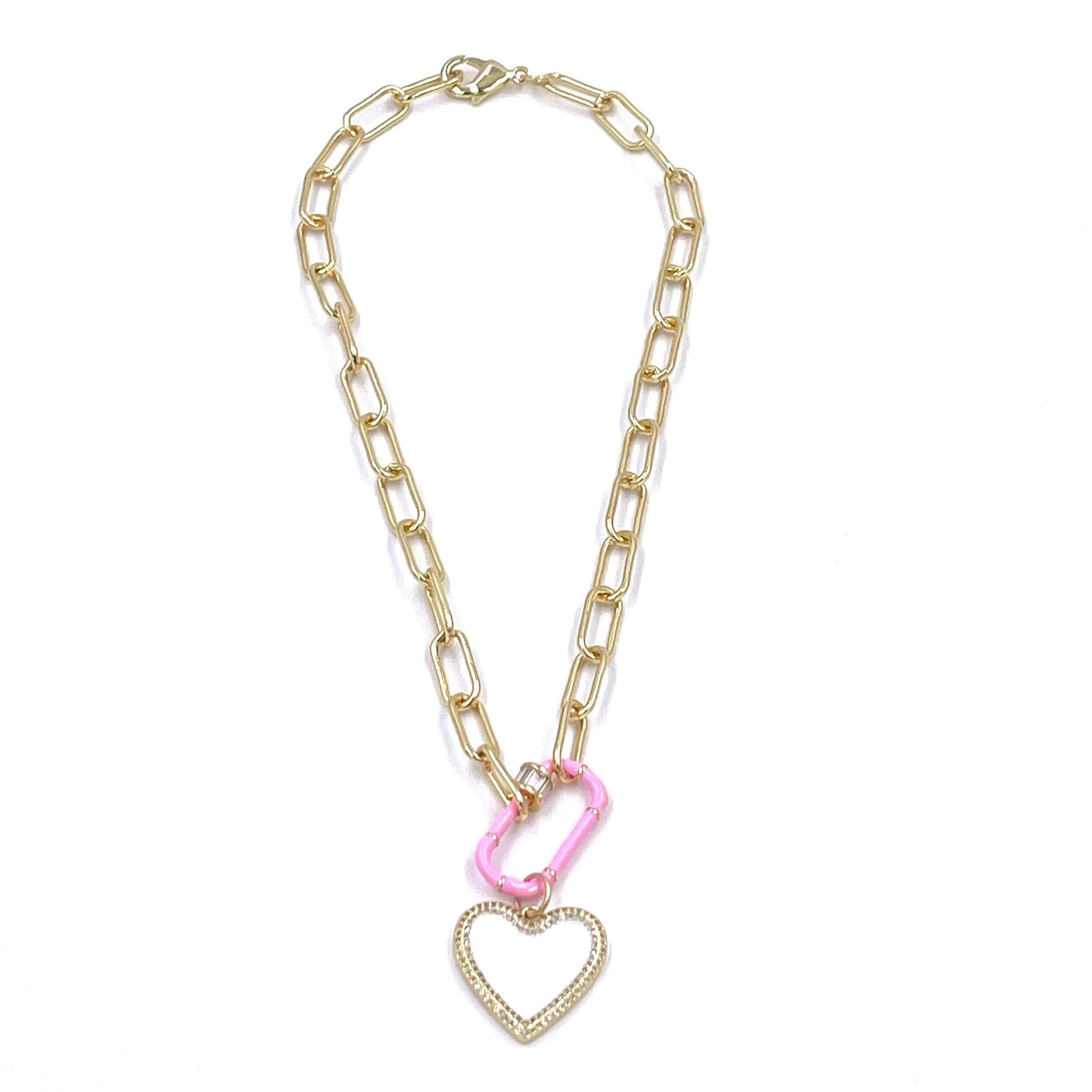 Ashley Gold Stainless Steel Gold Plated Open Link Necklace With Pink Enamel Lock And White Heart