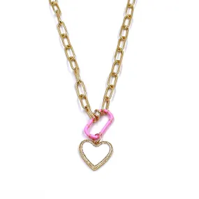 Ashley Gold Stainless Steel Gold Plated Open Link Necklace With Pink Enamel Lock And White Heart