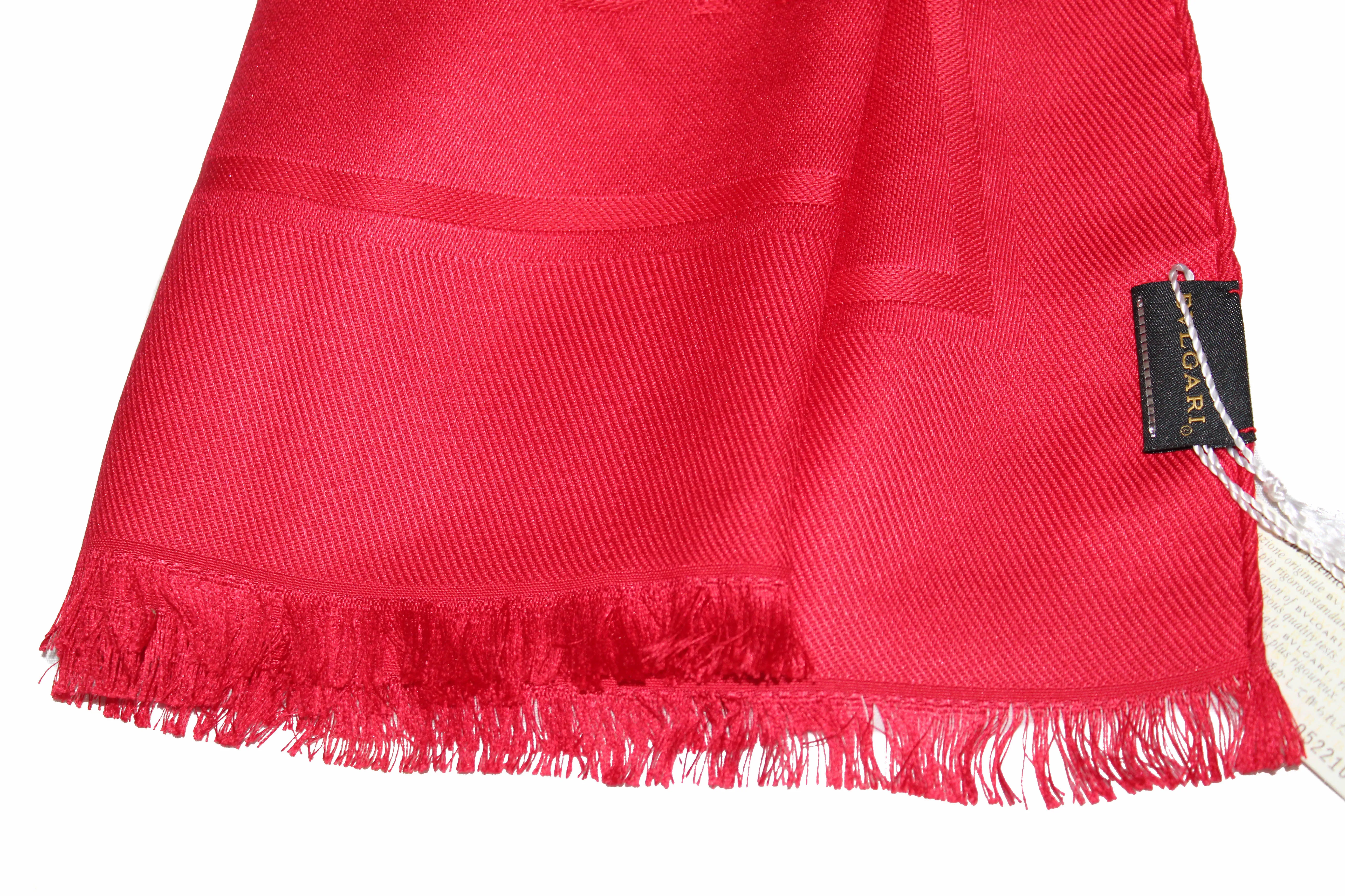 Authentic New Bvlgari Red Silk Wool Long Logo Logomania Stole Scarf Shawl