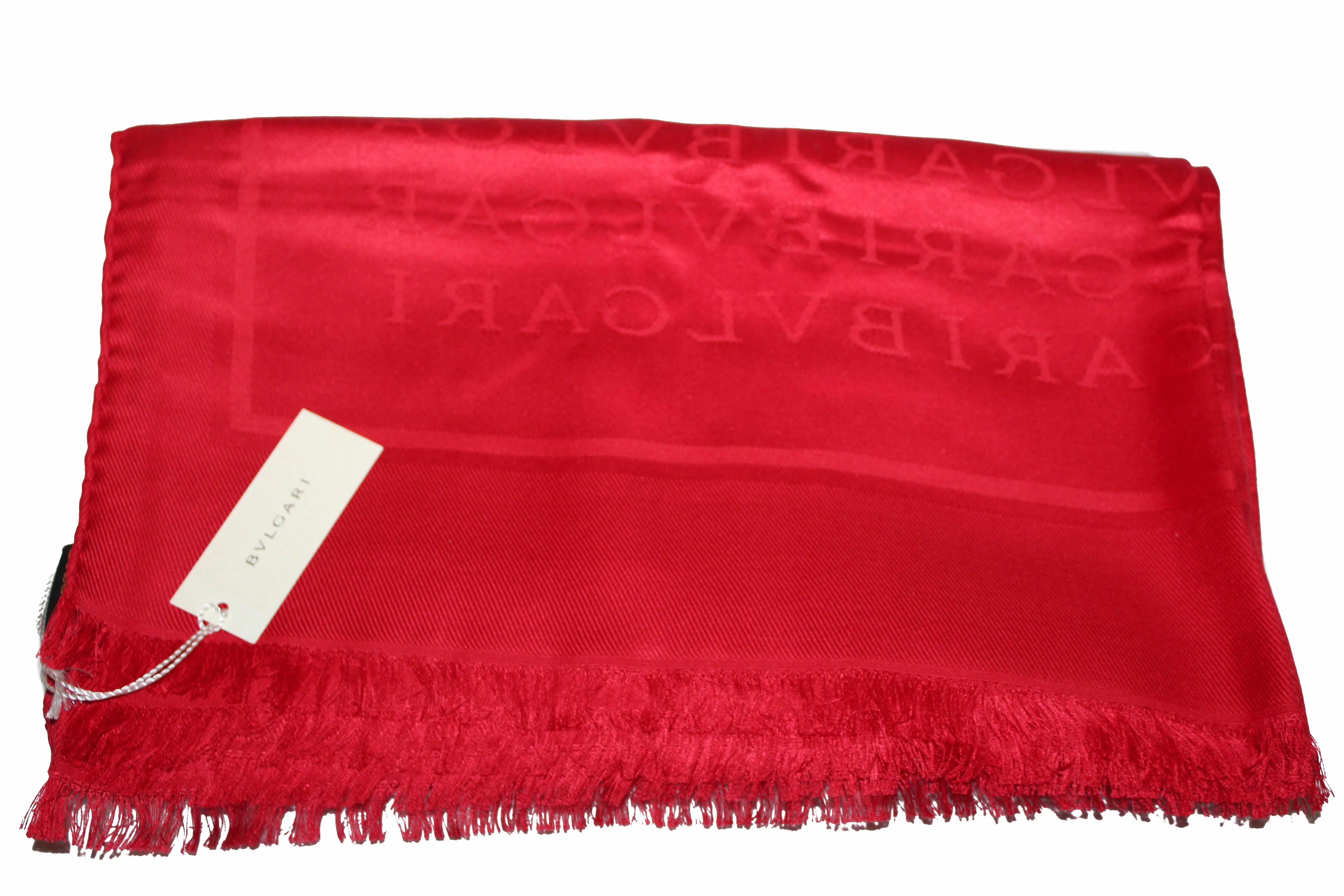 Authentic New Bvlgari Red Silk Wool Long Logo Logomania Stole Scarf Shawl