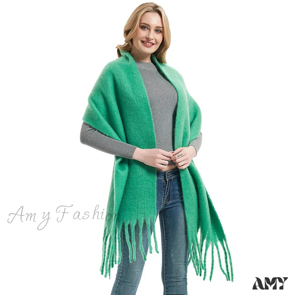 Autumn Winter Long Fringe Thick Plain Green Scarf