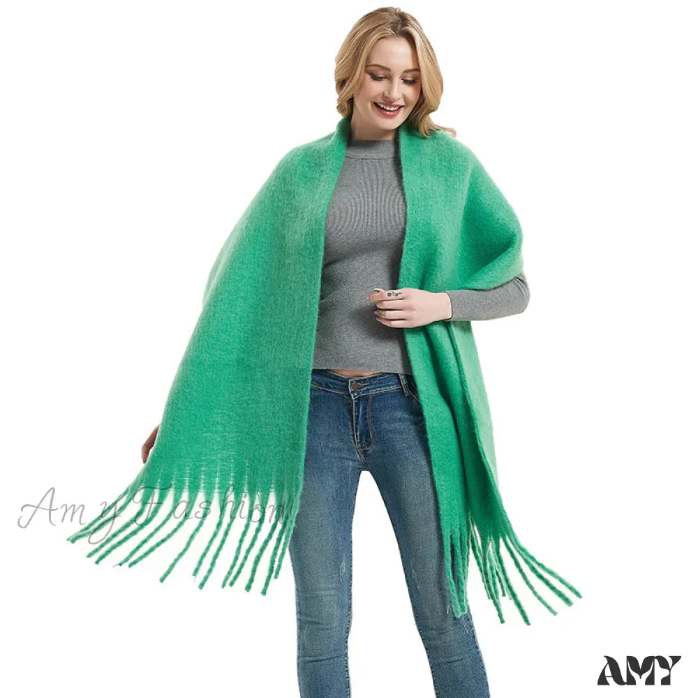 Autumn Winter Long Fringe Thick Plain Green Scarf