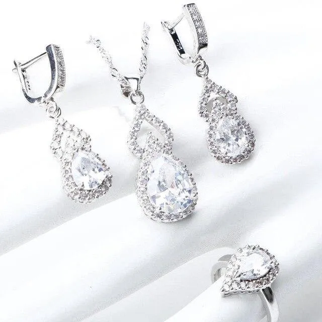 Beautiful 925 Sterling Silver AAA Quality CZ Wedding Jewelry Set with Earrings Bracelet Rings Necklace