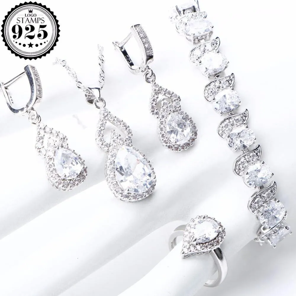 Beautiful 925 Sterling Silver AAA Quality CZ Wedding Jewelry Set with Earrings Bracelet Rings Necklace