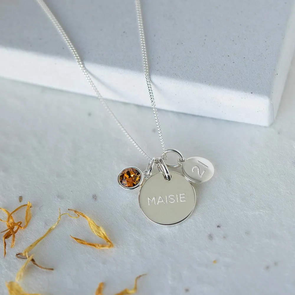 Birthstone Engraved Necklace with Birthday Age