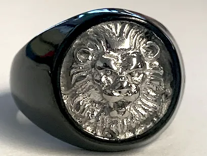 BLACK & SILVER KING LION FACE METAL BIKER RING (sold by the piece)