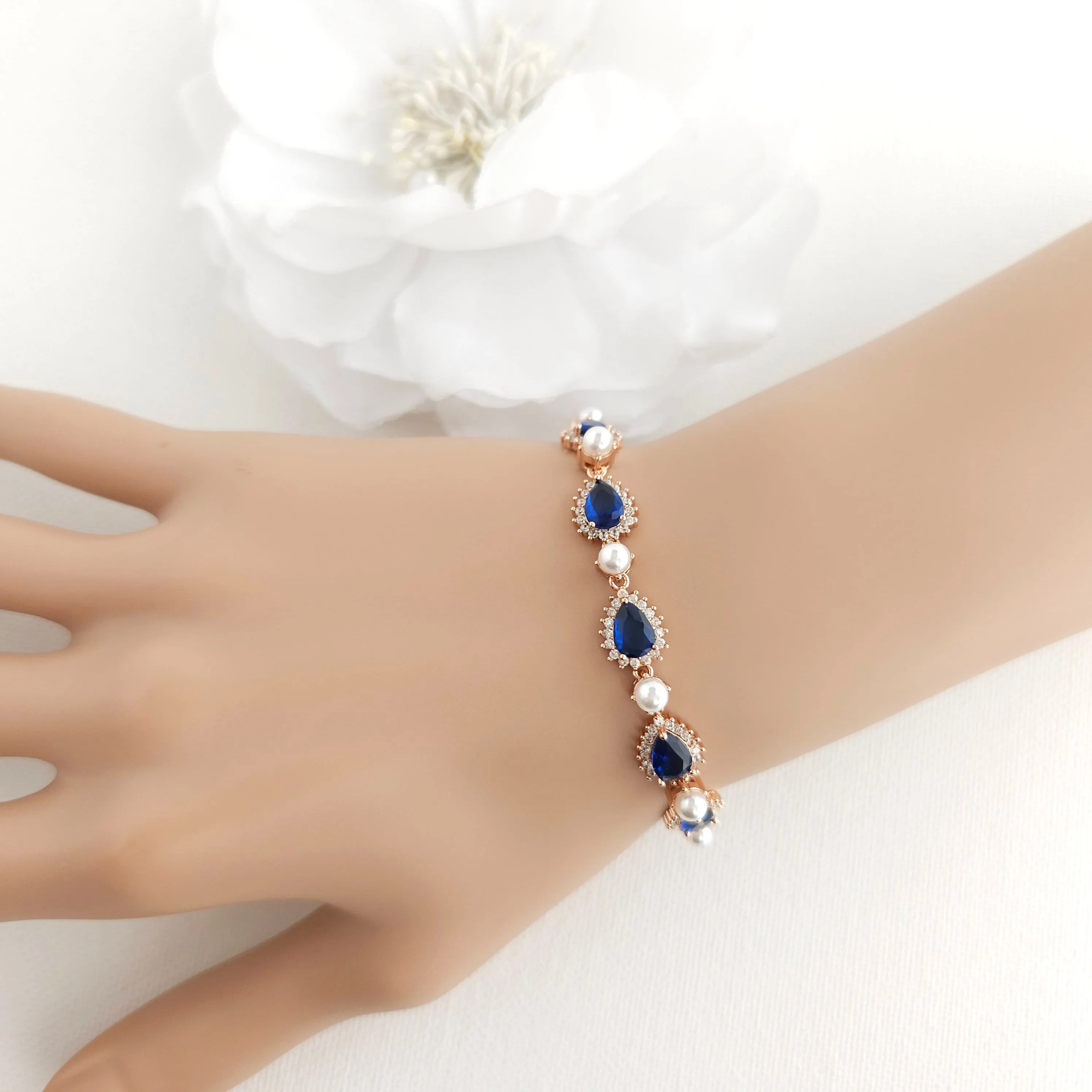 Blue Bracelet with Pearls for Weddings & Events- Aoi