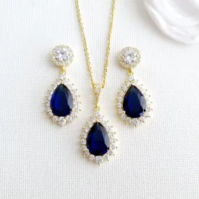 Blue Earrings Necklace Set in Gold-Aoi