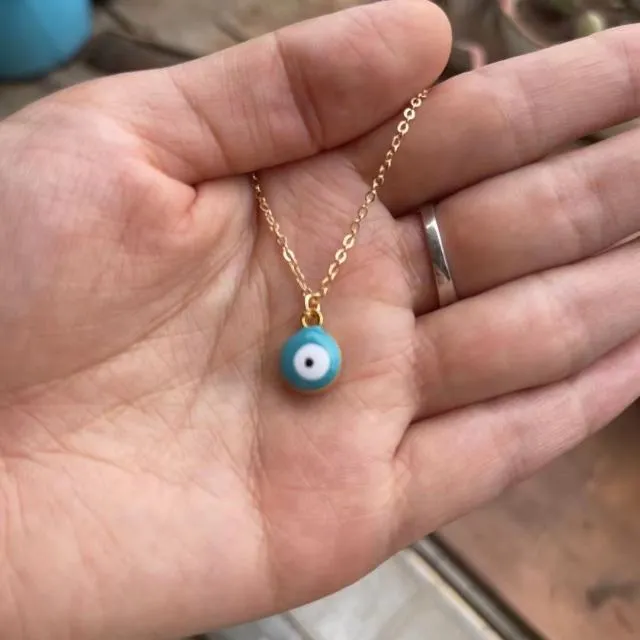 Blue Evil Eye Necklace, Handmade Turkish Glass and 18kt gold filled