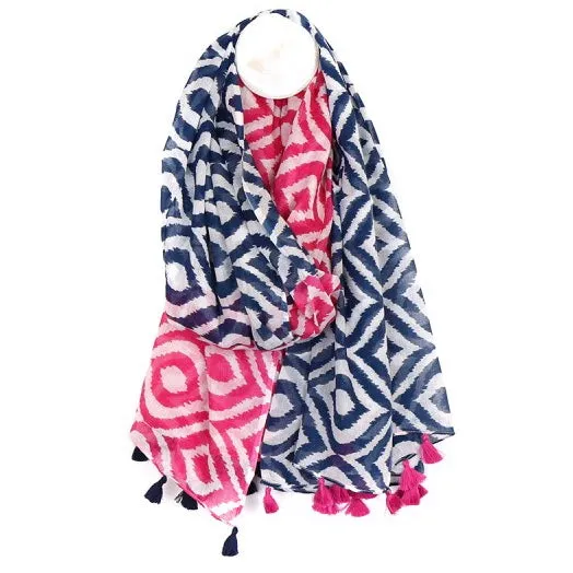 Blue Navy & Pink Ikat Diamond Print Cotton Scarf