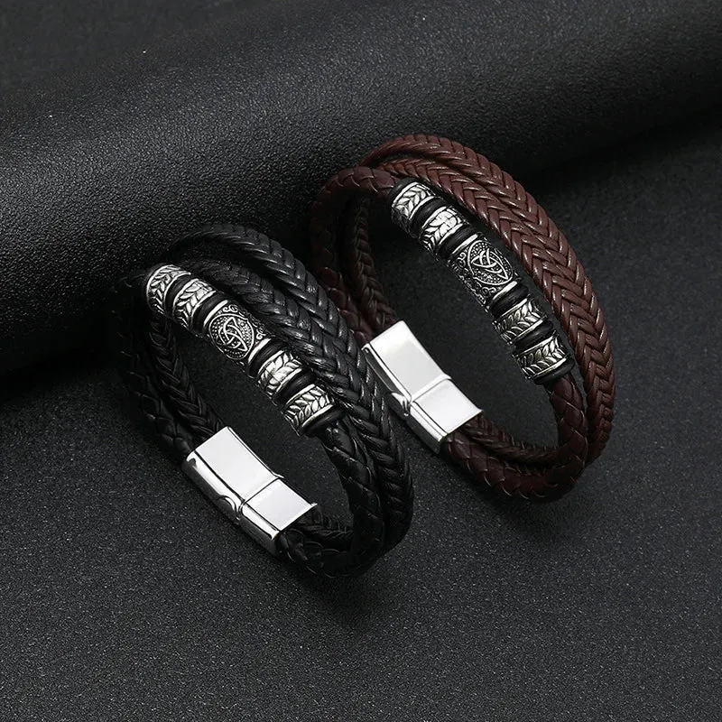 Bracelet pour Homme à 3 rangées en cuir tressé Marron & métal ciselé inoxydable style ethnique Chic ! (1 coloris/Livraison OFFERTE)